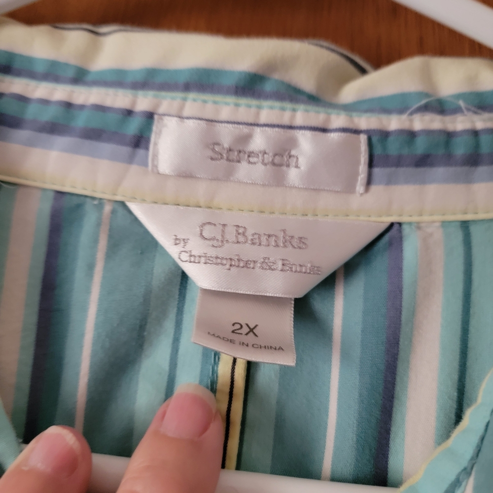 CJ Banks Turquoise, Yellow Stripe Button Down Tie Hem Blouse Plus Size 2X - Picture 2 of 12